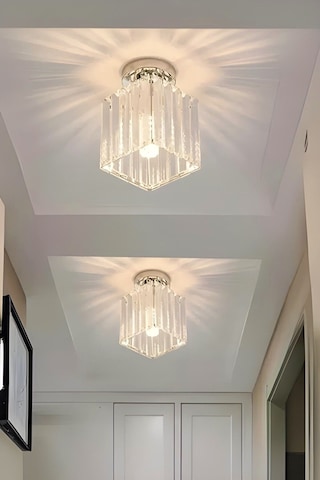 Meriva Model Modern Luxury Plafonyer Oda Hol Antre Koridor Salon Krom Kare Kristal Taşlı Avize Krom