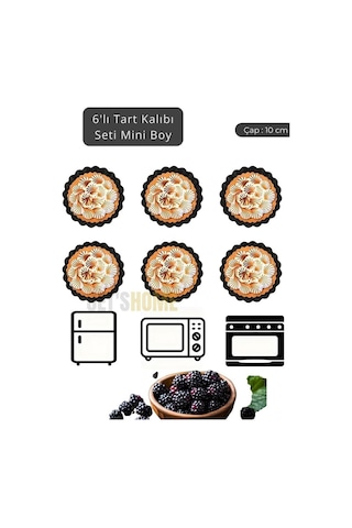6 Lı Set Mini Boy Tart Kalıbı Çıkartılabilir Tabanlı Turta Kalıbı Karbon Çelik Kek Kalıbı 10 Cm Siyah