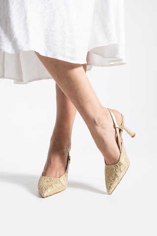 Lebibe Shoes Lısa Kadıngold Sivri Burun 7 Cm Topuklu Çiçek Dantel Desenli Rugan Slingback Ayakkabı Gold