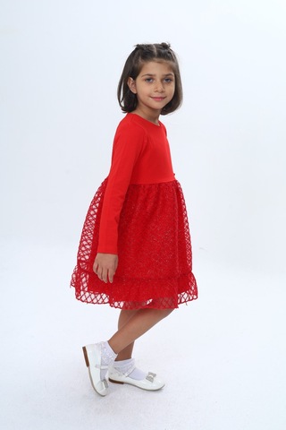 Toontoy Kız Çocuk Fırfırlı Tüllü Elbise Kırmızı
