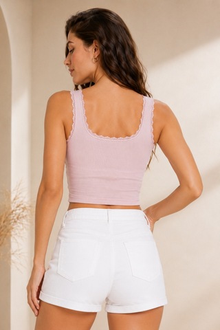 Loule Kadın Dantel Detaylı Fitilli Crop Top Pudra Pamuklu