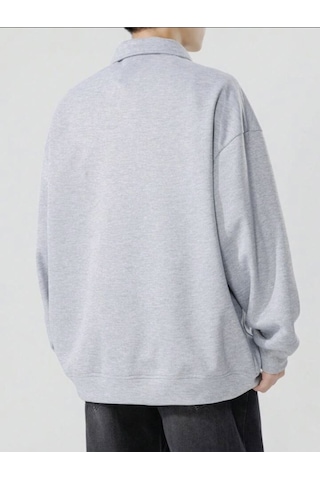 Harmandar Gri Erkek Uçan Astronot Baskılı Dik Yaka Yarım Fermuarlı Kazak Sweatshirt Ucanastrogridikyaka