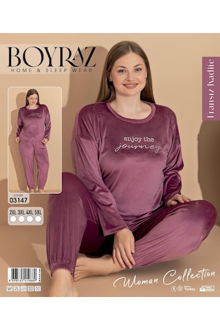 Boyraz Kadın Kışlık Fransız Kadife Büyük Beden Bisiklet Yaka Uzun Kol Pijama Takımı 03147 - 1 Adet Gülkurusu