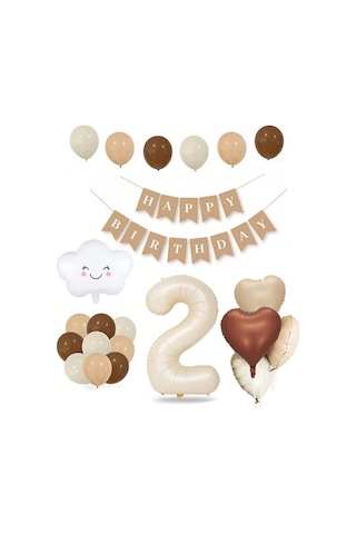 2 Yaş Retro Doğum Günü Seti Krem Rakam Folyo, Banner, Kalp Folyo Ve Lateks Balon