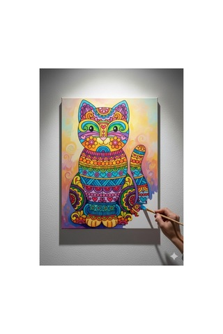 25x35 Resimli Tuval Boyama Seti- Kedi1-6 Renk Akrilik Boya Ve 2 F