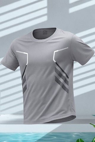 Genius Store Erkek Spor Tişört Antreman Gym Polyester Erkek Sporcu T-shirt Şeritli-tişört Gri