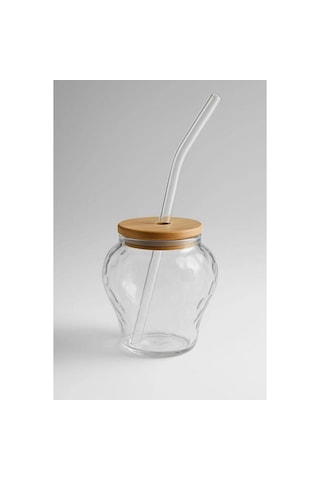 Çilek Model Borosilikat Cam Bardak, Bambu Kapaklı, 400 Ml, Pipet Hediyeli Şeffaf