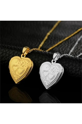 Paslanmaz Çelik Kalp Şeklinde Açılabilir Kilitli Fotoğraf Çerçevesi Fotoğraf Kutusu Çift Kalp Altın Kolye Altın