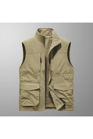 Snapbuy Kışlık Çift Taraflı, Çok Cepli, Bol Kesimli, Kalın Peluşlu Erkek Yeleği Bej