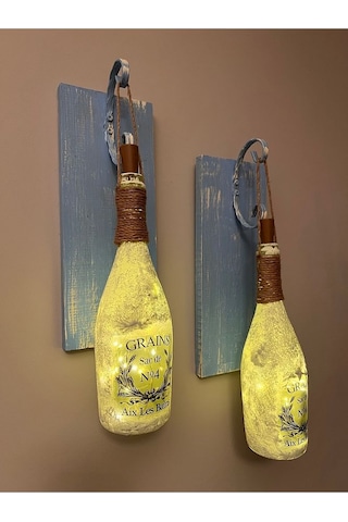 Tıpa Peri Led Işıklı Mavi Eskitme Ahşap Buzlu Cam Şampanya Şişesi Çok Renkli