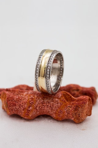 Rodyumlu Ortası Altın Renkli Bayan Gümüş Alyans -6651