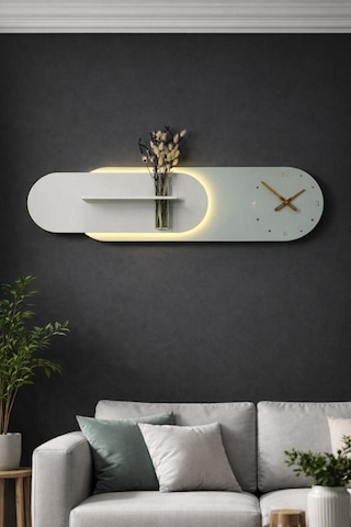 Kardelen Ahşap Pilli Ledli İskandinav Tarzı Salon Duvar Rafı Modern Çiçeklik 112 X 28 Cm Paris Grisi - Yeşil
