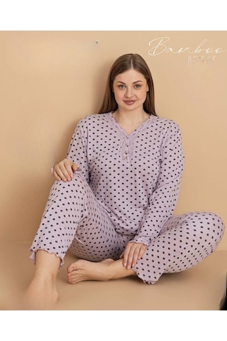 Pijamerry Kadın Büyük Beden Dantel Yaka Bambu Uzun Kol İnce Pijama Takımı 5675 - 1 Adet Lila