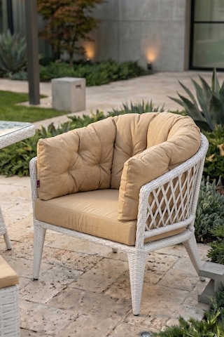 Liatris Serisi 1. Sınıf 3+1+1+2 Puf Beyaz Rattan Cappucino Minder Bahçe Balkon Oturma Koltuk Takımı