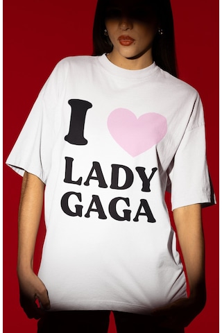 Sevbano Tasarım I Love Lady Gaga Şarkıcı Baskılı Unisex Oversize Tişört Beyaz