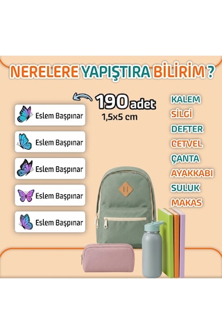 Kapbirhediye Okul Etiketi Isme Özel Kalem Defter Etiketi Kelebek Temalı 190 Adet Çok Renkli