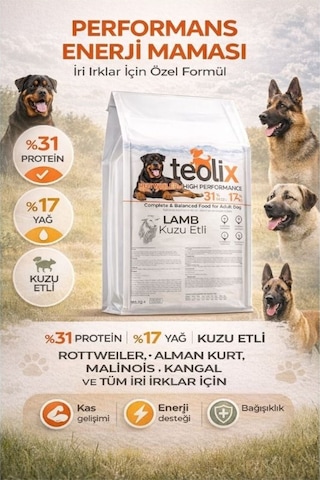 Teolix Kuzu Etli Köpek Maması 15 Kg %31 Protein %17 Yağ İri Irklar İçin Enerji Maması