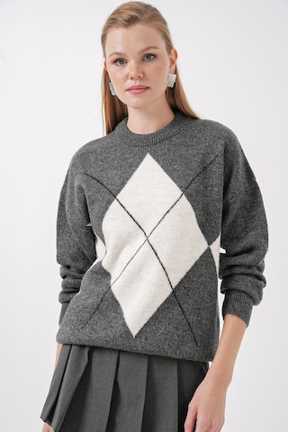 Bigdart 15895 Baklava Desenli Oversize Triko Kazak - Antrasit