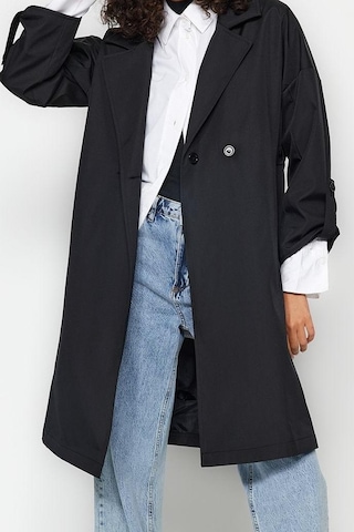 Ersefa Tasarım Düz Astarlı Yaka Midi Oversize Ceket Kadın Oversize Kuşak Siyah