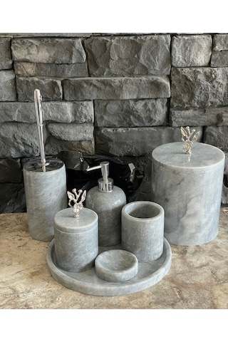 Gri Polen Stone Mermer Japon Gülü Gümüş Aksesuarlı 7'li Banyo Seti Beyaz