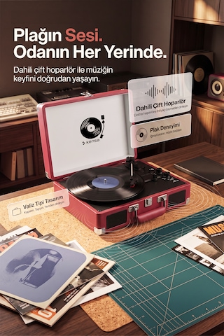 Kensa Bluetooth Lu Nostaljik Çantalı Pikap 33/45/78 Devir Dahili Bataryalı Plak Çalar Bordo