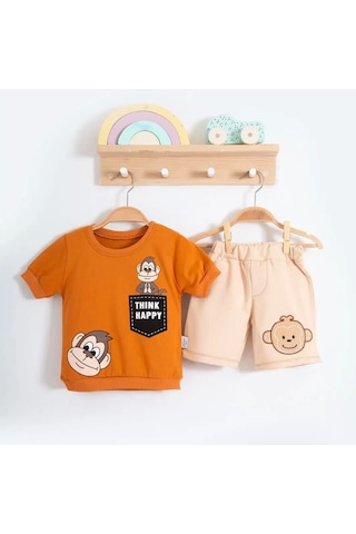 3-18 Ay Erkek Bebek Takımı Maymun 2li Kahverengi Kahverengi