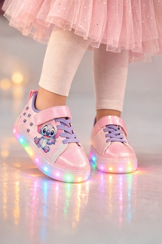 Minibonito Kız Çocuk Desenli Işıklı Led Tabanlı Simli Cırt Cırtlı Sneaker Pembe