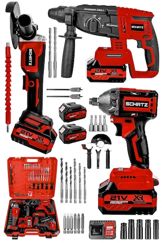 Schatz 21v Kömürsüz Çift Akülü Şarjlı 3'lü Set Spiral Taşlama + Kırıcı Delici Hilti + Somun Sıkma Sökme Makinesi Kırmızı