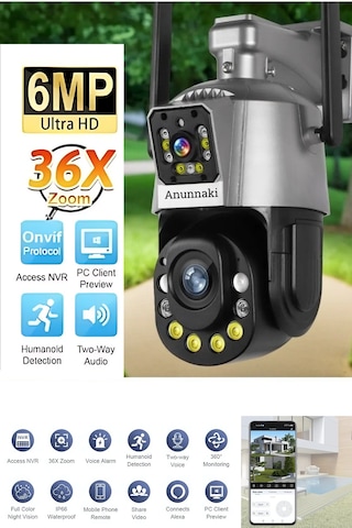 4k Wifi Güvenlik Kamerası 36x Optik Zoom, Çift Lens, Gece Görüşlü, Alarmlı, Motorize Odaklama