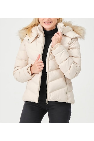 Kadın Bej Çıkarılabilir Kürklü Kapüşonlu Su Geçirmez İçi Kürklü A