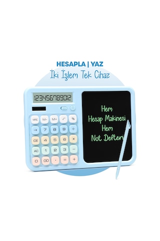 Lcd Ekran Yazı Tahtalı Hesap Makinesi 12 Haneli Tabletli Hesap Makinesi Pastel Mavi