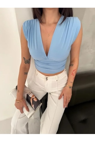 Defymoda Vatkalı Kolsuz V Yaka Drapeli Crop Bluz Likralı Fit - Bebek Mavisi