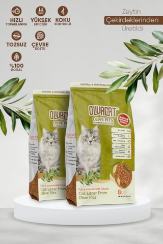 Olivacat Zeytin Çekirdeğinden Üretilen Aktif Karbonlu Tozsuz Doğal Kedi Kumu 2 x 8 L