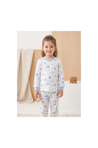 Deniva Kids Unisex Çocuk %100 Pamuklu Sevimli Fil Desenli Ribanalı Uzun Kollu Pijama Takımı Mavi