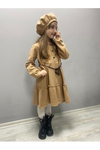 Kaşe Kumaş Şapkalı Kız Çocuk Elbise Mnk0559 001