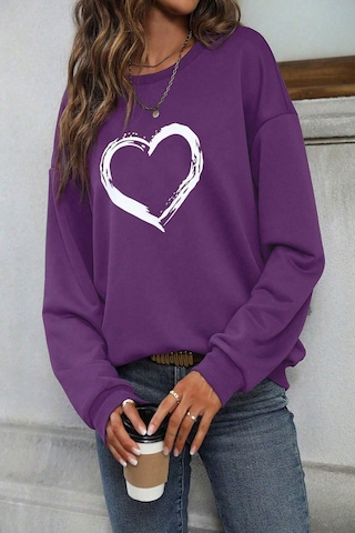 Modagen Kadın Mor Kalp Baskılı Bisiklet Yaka Sweatshırt Mor