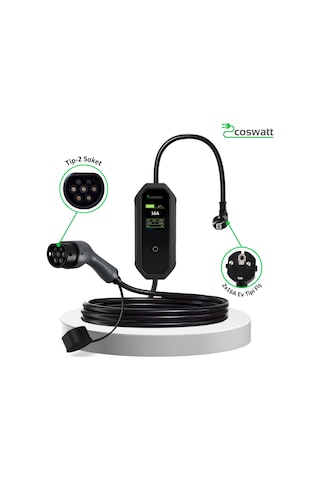Coswatt Elektrikli Araç Taşınabilir Şarj Cihazı 3.5kW-16A-Tip2 Soket-Türkçe Menü-5M-2x16A Ev Tipi Fiş-220V AC