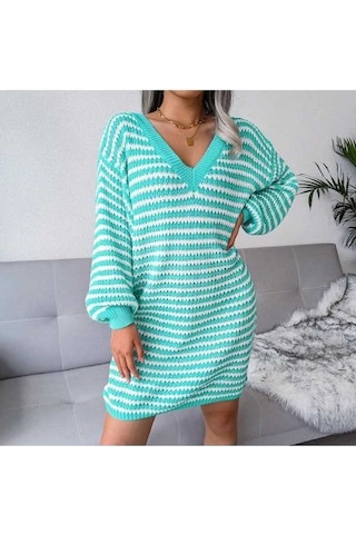 Novahub Kadın Sonbahar Kış V Boyun Uzun Kollu Yün Elbise - Camgöbeği Renkli Şerit Oyma Camgöbeği