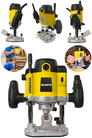Schatz 1400 Watt Profesyonel Elektrikli Devir Ayarlı Çift Kollu Formika Freze Traşlama Makinesi 8mm Pens Sarı