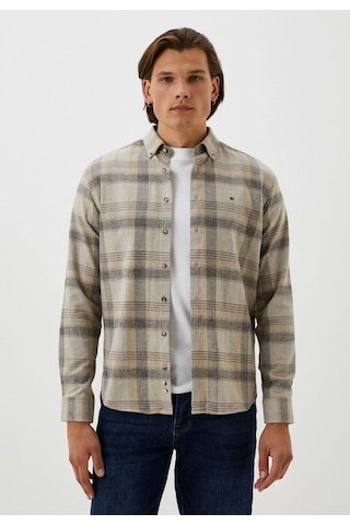 Erkek Flanel Gömlek Bej Ekose Desenli Slim Fit Düğmeli Yaka Oduncu Gömlek Ncs Jeans 7265-bej Bej