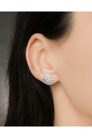 Lekka Design Kadın Kararmaz Çelik Lüks Takı Gümüş Renkli Zirkon Taşlı Yuvarlak Küpe