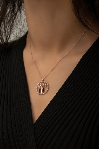 Hayat Ağacı Sevgili Aşk Kolye Rose Gold Kaplama 925 Ayar Gümüş