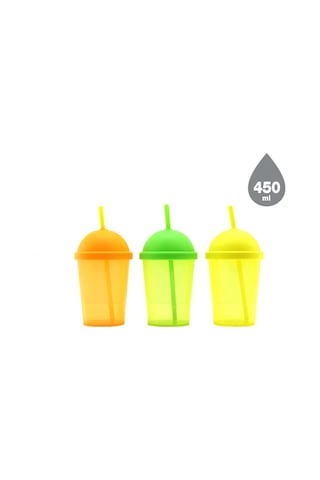 Qlux L-01020 Rainbow Pipetli Plastik Bardak 450 Ml - Şeffaf Renkli- 12'li Paket