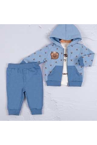 3-18 Ay Erkek Bebek Takımı Persona Bear Nakışlı 3'li Mavi Mavi