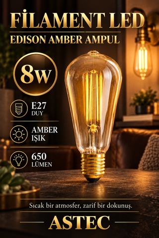 Astec E27 Edison 8 Watt Amber Filament Ampul Dekoratif Filament Led