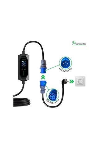 Coswatt Taşınabilir EV Şarj Cihazı CS-P1-32A / 7.4kW / 5m / Türkçe / 220V AC / Tip-2 / 3x32A CEE / Ev Tipi Dönüştürücü / Çanta