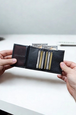 Hakiki Deri Cüzdan Küçük Boy 9 Adet Kart Bölmeli Siyah Siyah