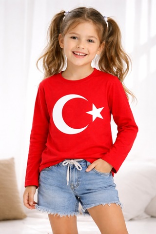 Uğur Bebe Mco Marka Kırmızı Türk Bayraklı Uzun Kollu Çocuk Tişört %100 Pamuk Rahat Kırmızı Kırmızı
