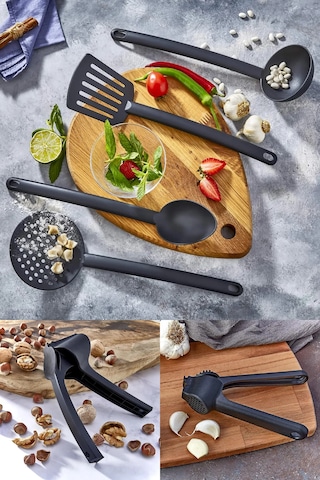 11 Parça Yanmaz Yapışmaz Teflon Kaplama Servis Seti Kepçe Kevgir Spatula Kaşık Plastik Servis Takımı