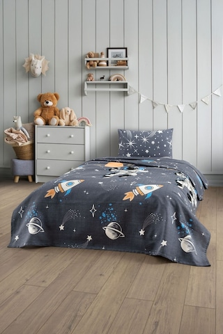 Gofret Detaylı Astronot Baskılı Çocuk-genç Odası Tek Kişilik Pike Gri